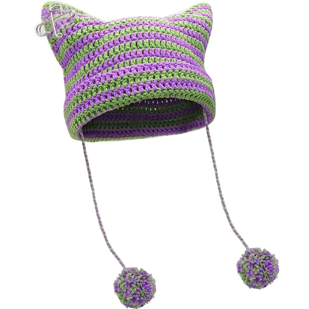8413 Purple Green Crochet Hats Fox Knit Hat with Pompoms Vintage Beanies